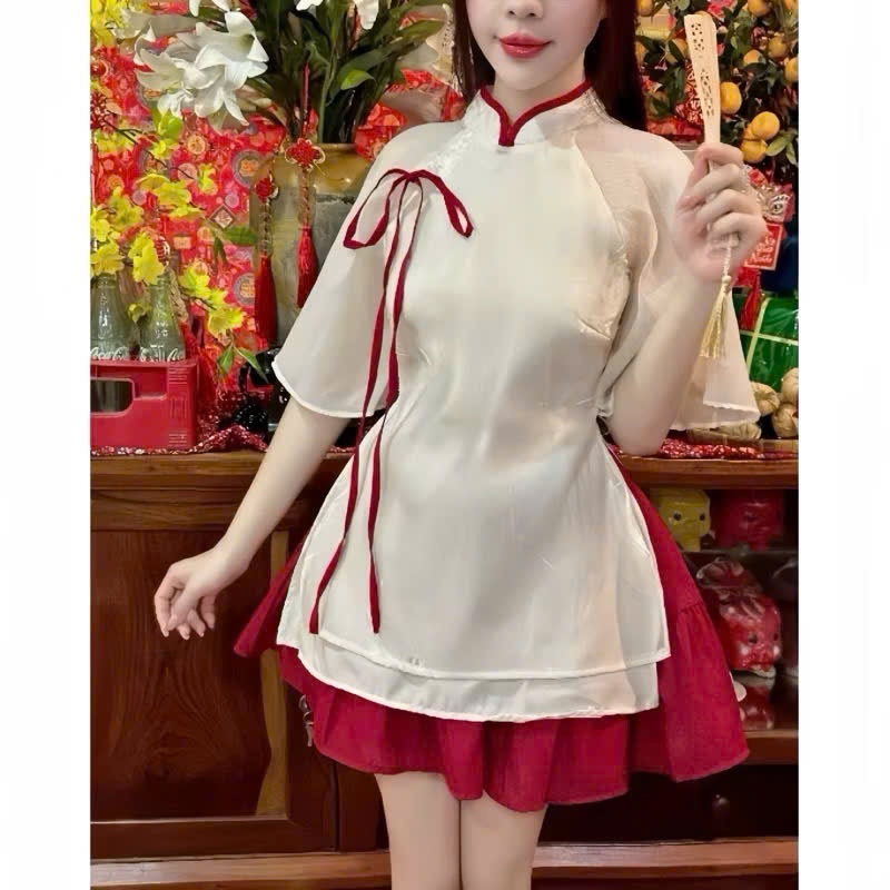 Set áo dài cách tân nữ cổ tàu tay lỡ xẻ tà 2 bên phối chân váy đỏ xoè đi chơi dịp lễ Tết | BigBuy360 - bigbuy360.vn