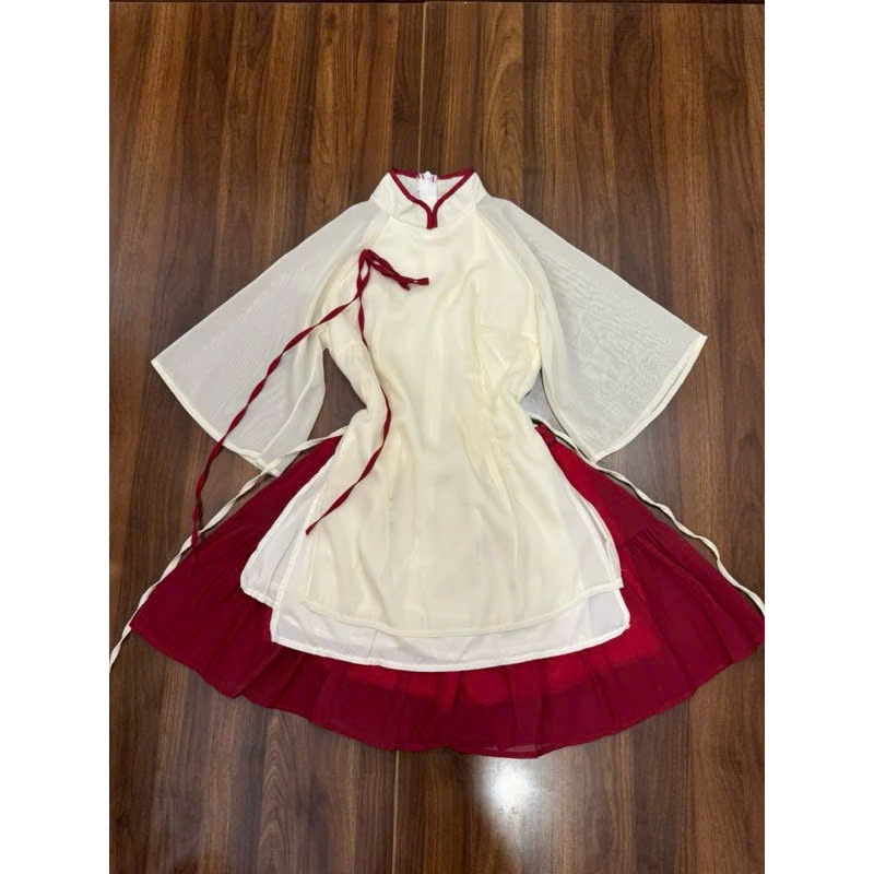 Set áo dài cách tân nữ cổ tàu tay lỡ xẻ tà 2 bên phối chân váy đỏ xoè đi chơi dịp lễ Tết | BigBuy360 - bigbuy360.vn