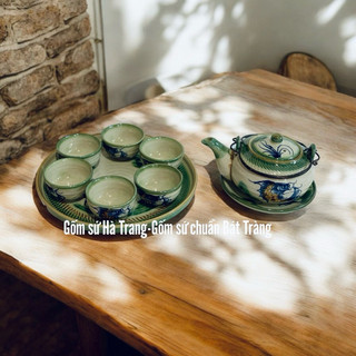 Bộ ấm chén Bát Tràng men giả cổ vẽ cá