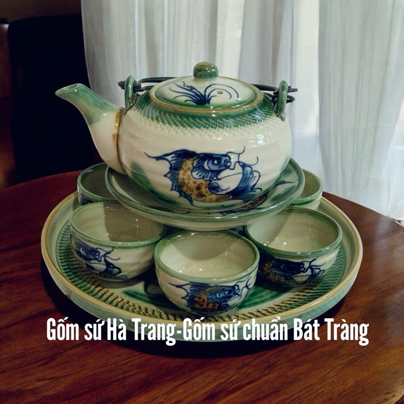 Bộ ấm chén Bát Tràng men giả cổ vẽ cá