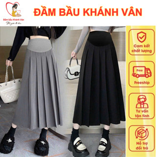Chân váy bầu dáng dài xếp li bản to sang chảnh, chất ruby Hàn mềm đẹp - Chân váy bầu có đáp bụng mẹ bầu mặc đi làm đi ch
