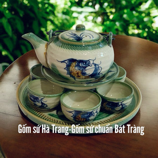 Bộ ấm chén Bát Tràng men giả cổ vẽ cá