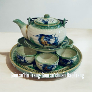 Bộ ấm chén Bát Tràng men giả cổ vẽ cá
