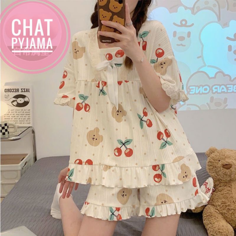 Mã 20 Sét bộ đùi pyjama gân ren nơ phối bèo Hình Zen CHAT112