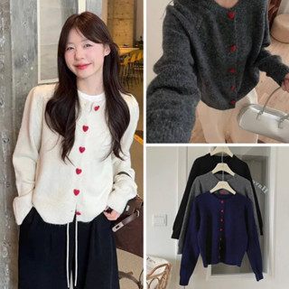 Áo Khoác Cadigan Len Nữ Cổ Tròn Dài Tay Phối Cúc Cài Trái Tim Đỏ Tone Màu Pastel Vintage xinh xắn