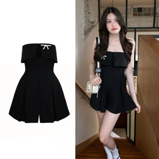 Áo liền quần nữ bo chun ngực Jumpsuit đen kèm tag nơ đá Cao cấp - QuynhTrangBasic