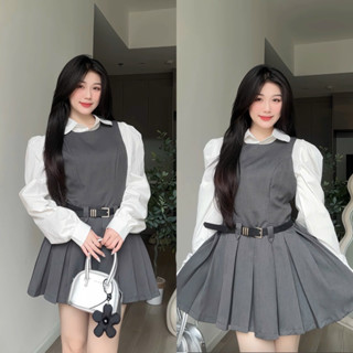 Set 2 Món Áo Sơ Mi Trắng Tay Dài Phối Váy Sát Nách Xếp Ly Kèm Dây Nịt