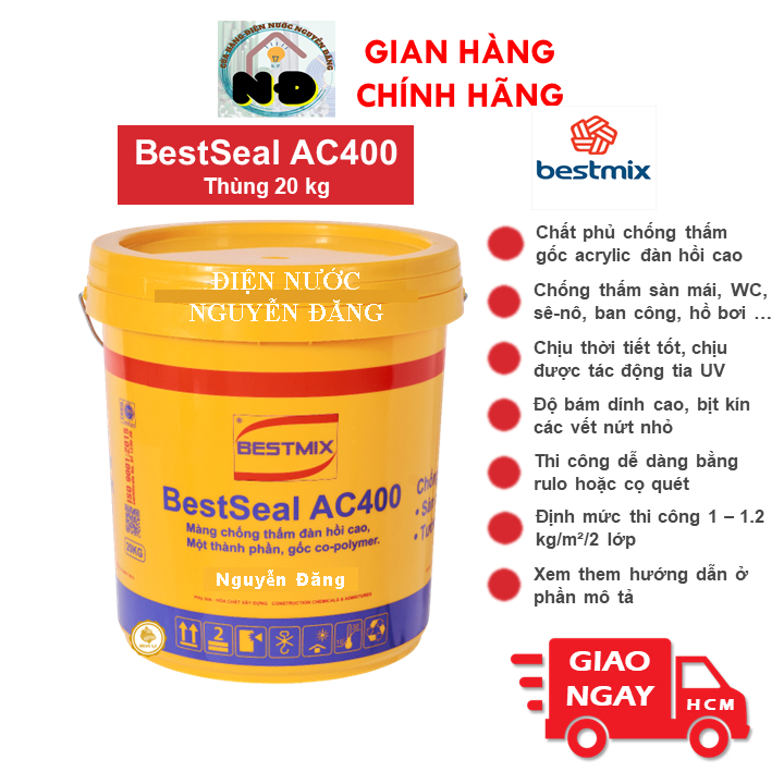 [Hỏa Tốc] Thùng 20kg BestSeal AC400 Màng Chống Thấm Đàn Hồi Cao Co-polymer Sàn Mái WC Bestmix Sika