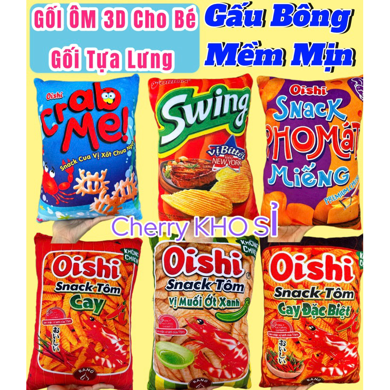 🔥HOẢ TỐC HCM City💕GẤU BÔNG GỐI NẰM - GỐI ÔM 3D Hình Bánh Snack Oishi-Hảo Hảo-Swing Vui Nhộn Cho Bé Yêu-An Toàn-Lông Mịn