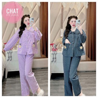 [CÚC BẠC ] SÉT BỘ DÀI PYJAMA KẺ XỐP CỔ BÈO TÚI GẤU XINH IU 1592