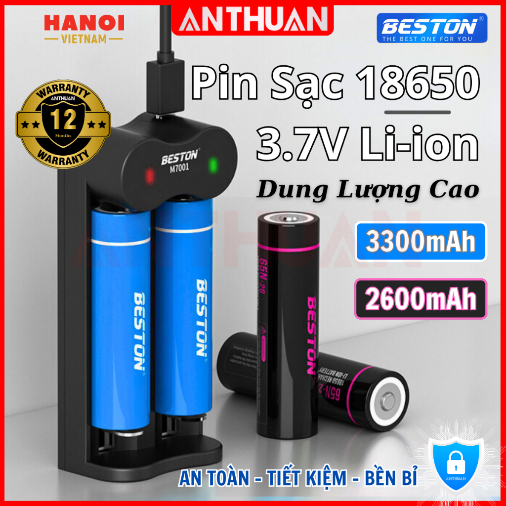  Combo Pin Sạc 18650 3.7V Dòng Xả Cao Beston 3300mAh 2600mAh kèm sạc đa năng M7001 sạc nhanh tự ngắt 