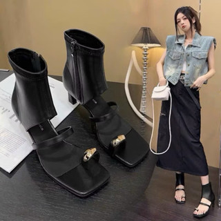 Giày Bốt Da Cao Gót Cổ Cao Xỏ Ngón Khóa Xinh Gót Nhọn Cao 7Cm Dây Kéo Hong Thiết Kế Mới Thời Trang Nữ