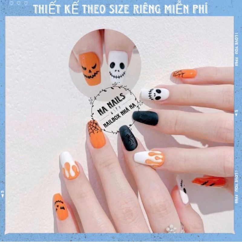 ( HALLOWEEN NANAILS) - Nailbox thiết kế trắng cam vẽ tay ma mị - N75