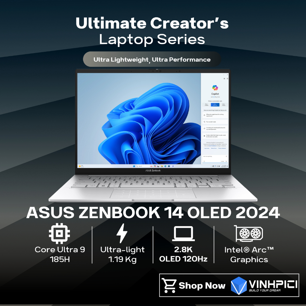 Laptop Asus Zenbook 14 OLED UX3405MA (Ultra 9-185H/ Intel Arc/ Ram 32GB/ SSD 1TB/ 14' 2.8K 120Hz OLED)