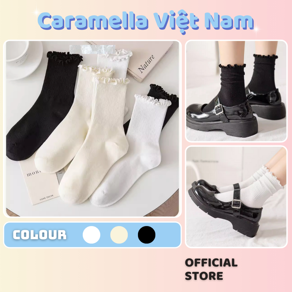 Tất Vớ Viền Nhún Bèo Trơn Caramella Nữ Chất Cotton Mềm Mại Màu Trắng Be Đen Style Hàn Quốc H008 Cara