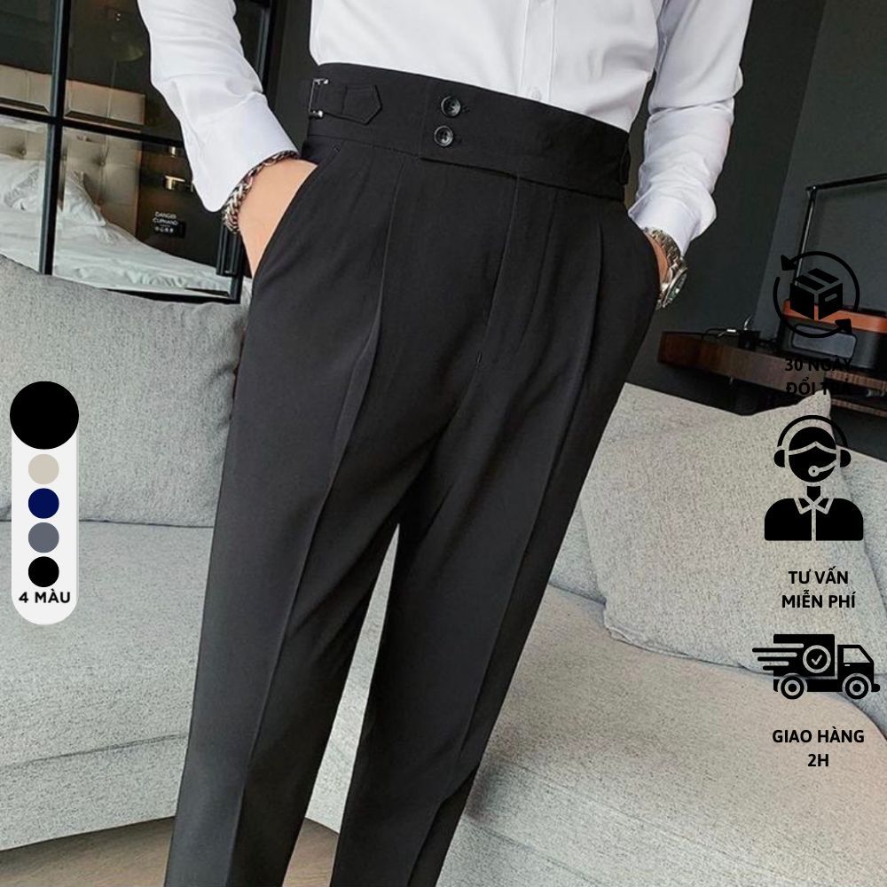 Quần âu nam cạp cao GOZIN MEN Sidetab 2 khuy baggy suông đen,quần âu nam hàn quốc lưng cao công sở cao cấp -JA32