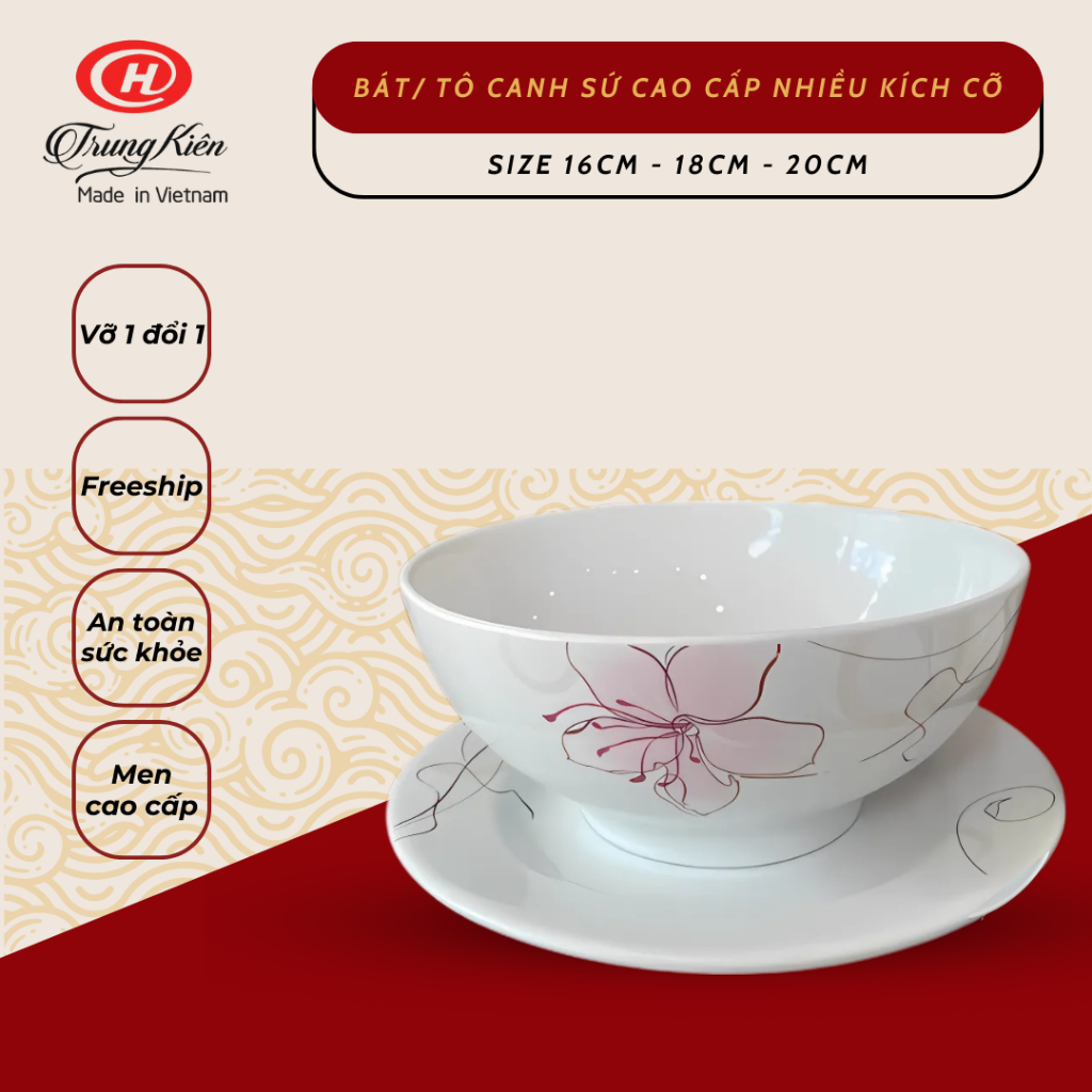 Bát tô canh trắng hoạ tiết hoa ly sứ cao cấp Trung Kiên nhiều kích thước - Vỡ 1 đổi 1