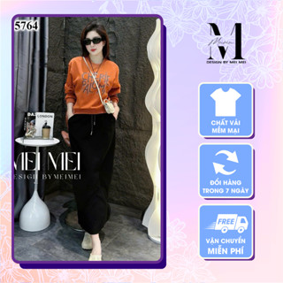 Set đồ nữ thu đông áo Sweater màu cam in hình phối chân váy dáng dài có dây rút cực trendy 2024 Meistore ST15764
