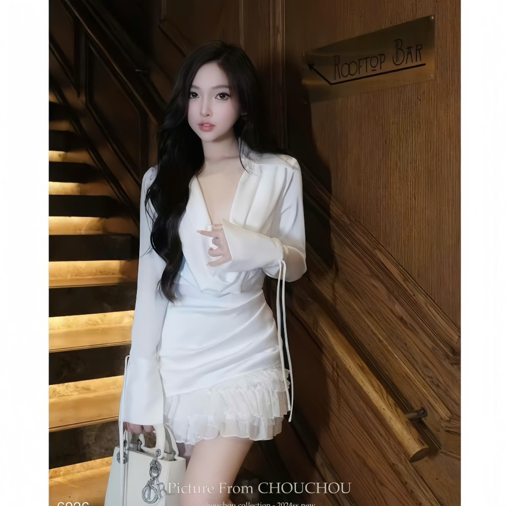 Set đồ nữ A42 áo sơ mi lụa cổ đổ tay loe phối chân váy ren tầng (có lót quần)sang chảnh phù hợp đi tiệc Akara xu hướng