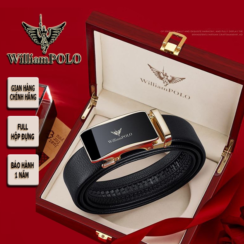 Thắt lưng nam cao cấp hàng hiệu WilliamPOLO chất liệu da bò FULL hộp GỖ túi xách POLO2235P