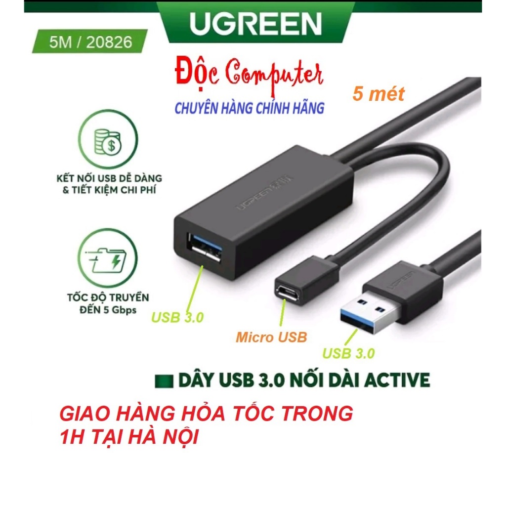 Cáp USB 3.0 nối dài 5m hỗ trợ nguồn Micro USB chính hãng Ugreen 20826 CAO CẤP- Hàng chính hãng