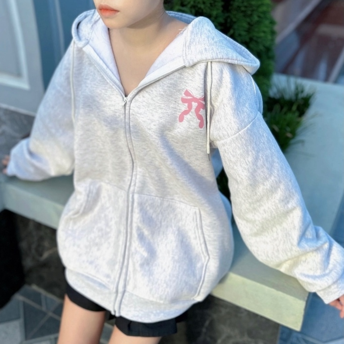 Áo khoác hoodie zip thêu nơ hồng form Boxy, mũ siêu to , chất liệu nỉ bông dày dặn cao cấp hot trend
