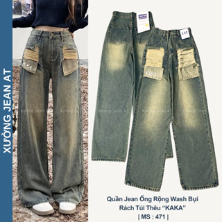 Quần Jean Nữ Ống Suông Rộng Wash Bụi Phối Túi Rách Thêu Chữ KAKA Phong Cách Retro Cực Chất 471