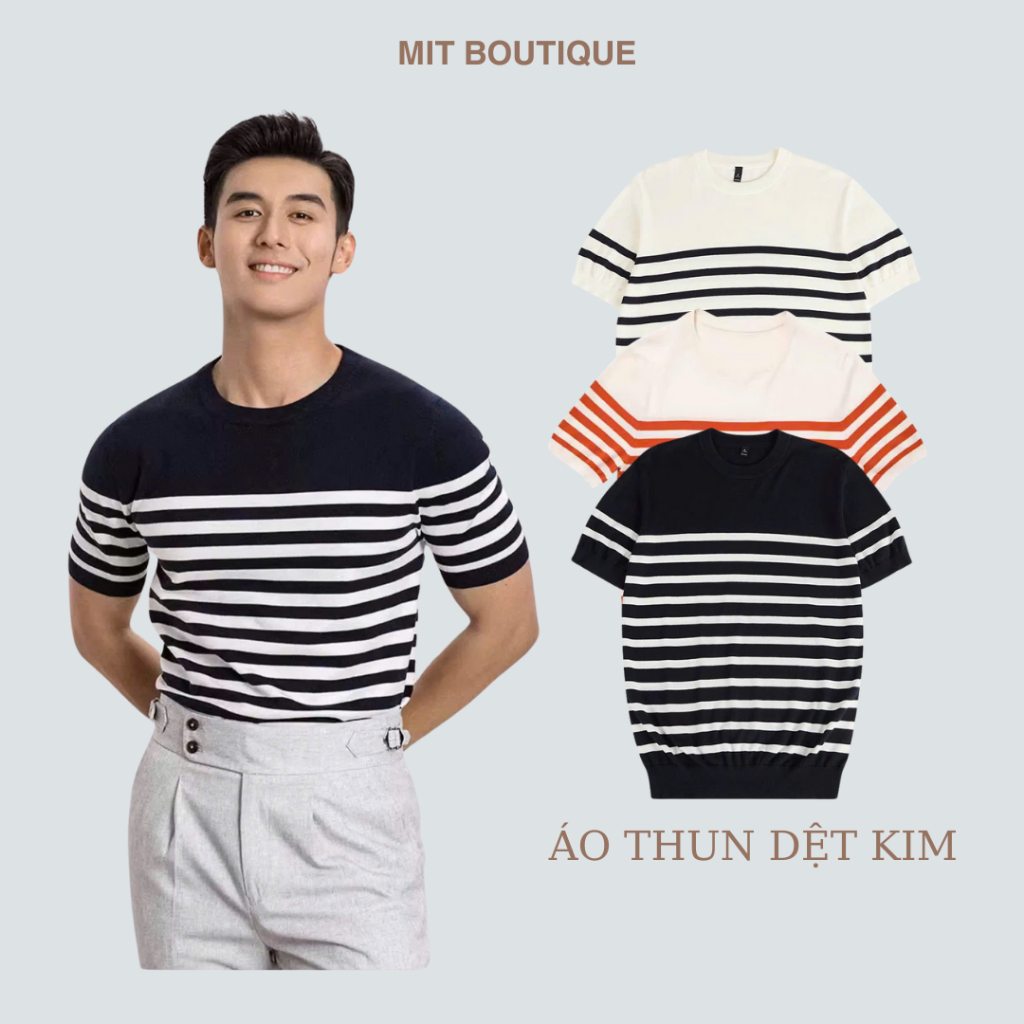 Áo thun dệt kim, chất liệu mongtoghi, co giãn 4 chiều, hoạ tiết kẻ sọc, thoáng mát, không nhăn, mềm mại, thanh lịch