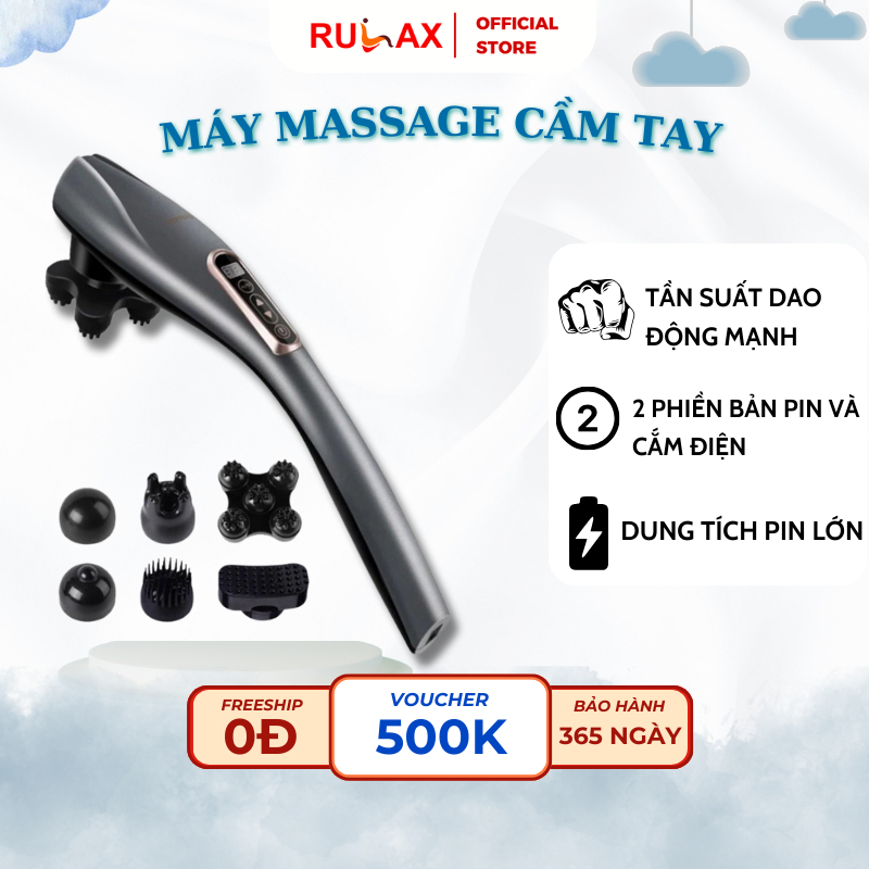 Máy Massage Cầm Tay Sạc Pin Không Dây, Đấm Lưng 6 Đầu, Massage Toàn Thân Phiên Bản Tiếng Việt Thương Hiệu RULAX