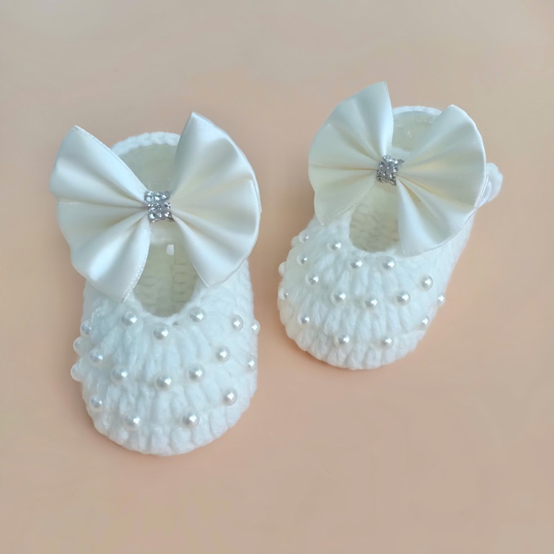 Giày Len Đính Ngọc Nơ Trắng Cho Bé 0- 1 Tuổi, Giày Cho Bé Gái Đầy Tháng, Sinh Nhật Cực Dễ Thương
