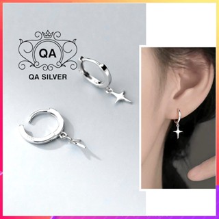Khuyên tai bạc 925 tròn sao bốn cánh bông hoop unisex S925 STAR QA SILVER Earrings EA240907