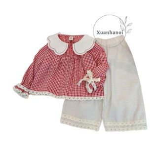 Bộ thu đông bé gái set áo caro đỏ cổ ren và quần suông ren gấu 10-20kg XHN1607