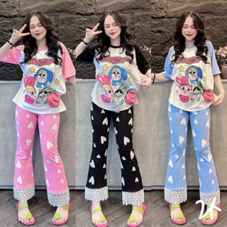 Set bộ nữ,đồ bộ nữ áo thun in 3D kèm quần loe phối ren lại quần _Set bộ nữ loe thời trang  mặc đi chơi  Xưởng May Thu Lê