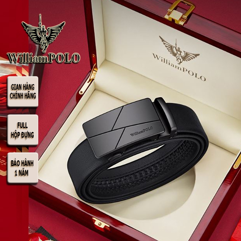 Thắt lưng nam cao cấp hàng hiệu WilliamPOLO chất liệu da bò FULL hộp GỖ túi xách POLO23273