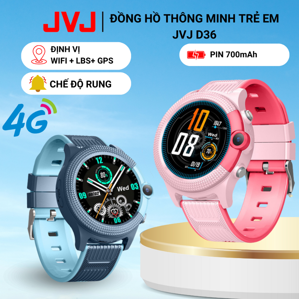 Đồng hồ thông minh trẻ em JVJ D36, Lắp sim nghe gọi 2 chiều, Video Call, Kháng Nước,Có Tiếng Việt