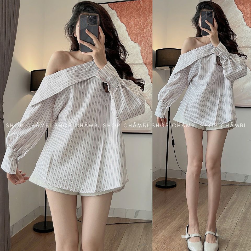 Áo trễ vai nữ A.657, Áo sơ mi lệch vai tay dài dáng suông phong cách cá tính - Shop Chấm Bi