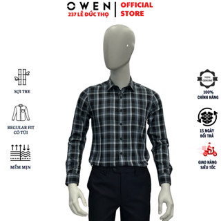  Áo sơ mi nam OWEN AS240513D somi dài tay công sở màu màu đen kẻ caro trắng dáng Slim fit tà lượn không túi vải sợi tre 