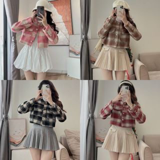  Hàng 2 lớp  Áo dạ nữ cổ tròn A.562 Áo khoác dạ croptop kẻ caro 2 lớp tay dài có 2 túi hộp sang chảnh - Shop Chấm Bi 