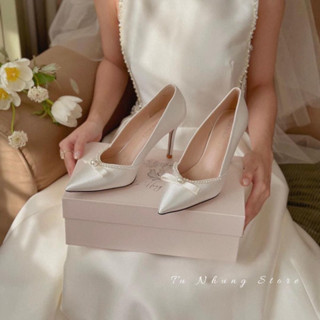 Giày Cưới- Giày cao gót 9p hoạ tiết nơ viền NT 7p 6046 Fullbox