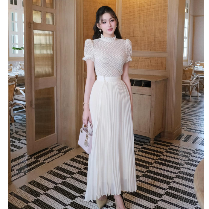 Set bộ nữ áo cộc tay vai bồng mix chân váy 2 lớp xếp ly cao cấp, Set áo ren cổ bèo mix chân váy maxi TỰ MAY LẠI Y1