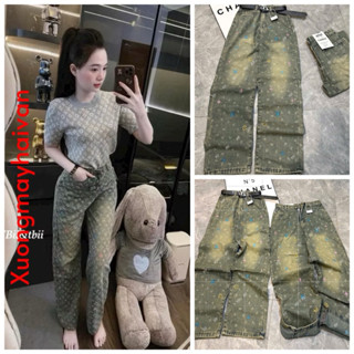  HV - Quần jeans suông họa tiết nơ chữ L.V thêu mặt trước size SML 