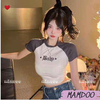 Áo Thun Baby MĂMDOO Croptop Nữ Thêu Chữ Họa Tiết Chất Cotton Co Giãn Ôm Body
