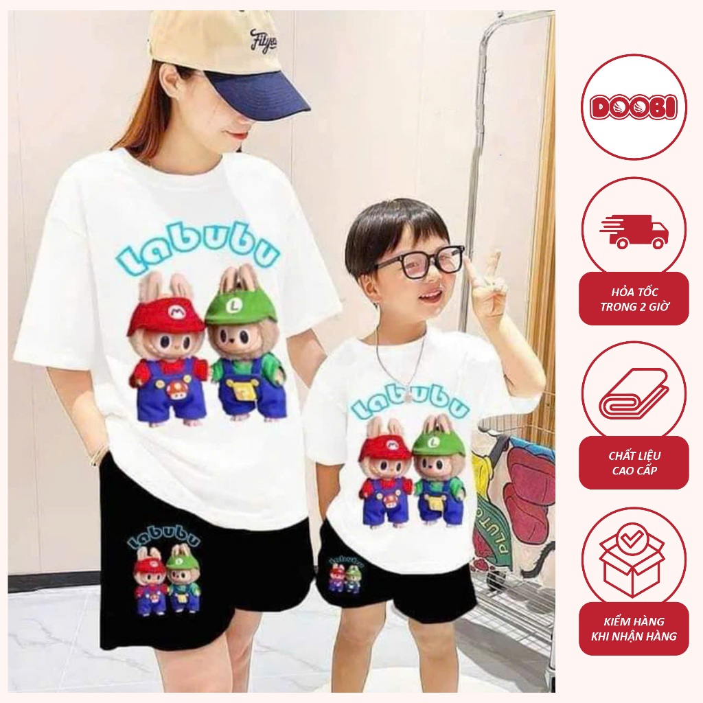Bộ đồ bé trai bé gái bố mẹ chất liệu thun cotton co giãn 4c in LABUBU MARIO cho bé từ 10-63kg BT50