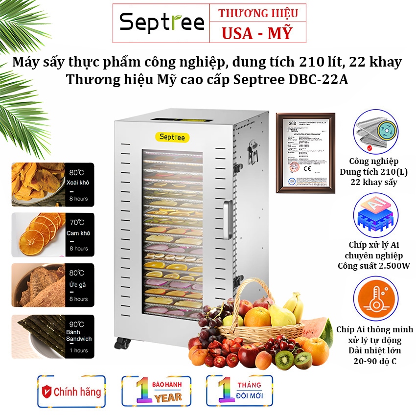 Máy sấy thực phẩm Septree DBC-22A, 210 lít, 22 khay inox, công suất 2500W