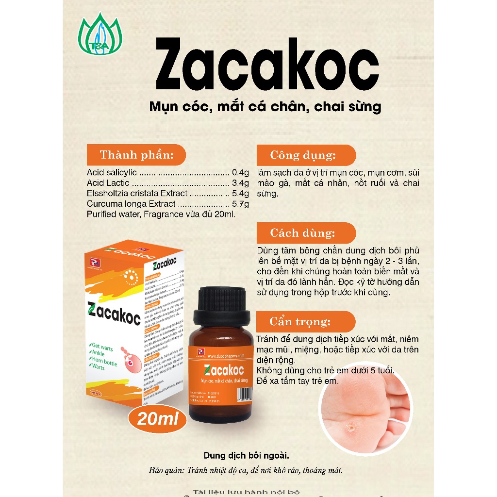 Dung Dịch Bôi ZACAKOC - Dùng Cho Mụn Cóc, Chai Sừng, Sùi Mào Gà Lọ 20ml