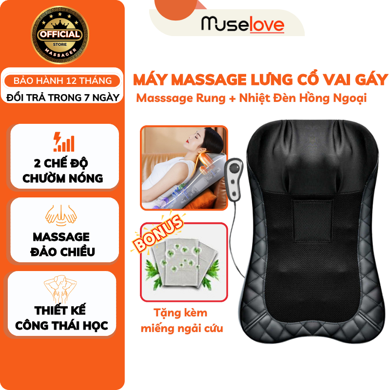 Máy Massage Lưng Cổ Vai Gáy MUSELOVE Gối Massage Hồng Ngoại 20 Bi Con Lăn Cao Cấp Tự Động Ngắt