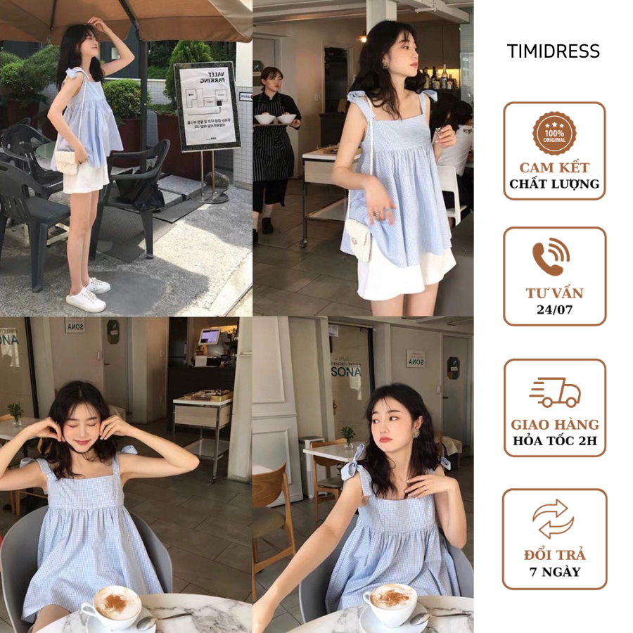 Sét babydoll nữ hai dây bản to kẻ xanh AO0102 (2)