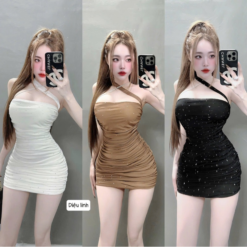 Đầm Ôm Body Nữ Đính Đá Phối Dây Vai Đá Siêu Đẹp Chất Thun Lưới Quảng Châu Loại 1
