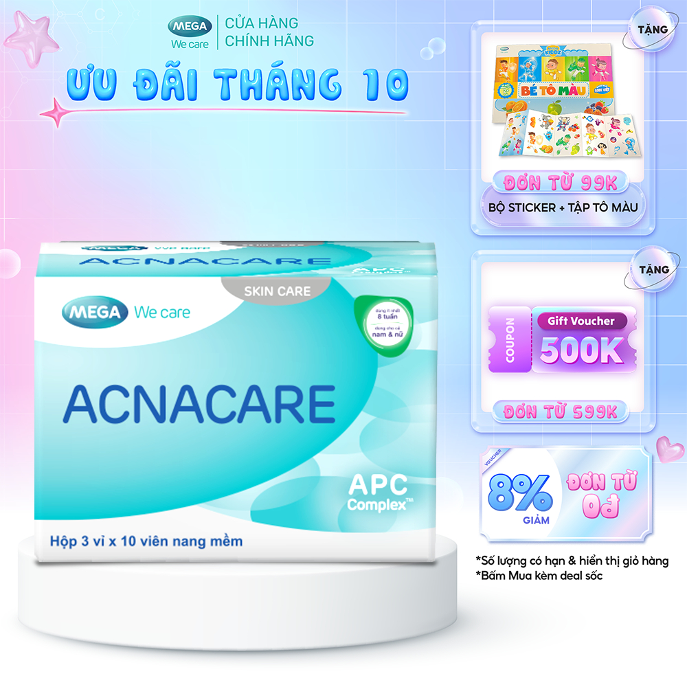 Viên uống giảm mụn, giảm nhờn - Kẽm, Crôm, D.Salina, Vitamin C, Vitamin E - ACNACARE Mega We Care (30 viên)