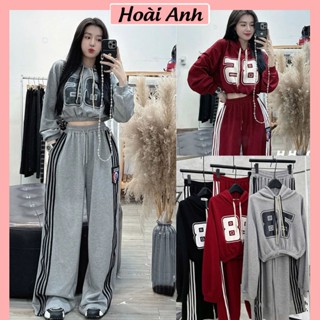 Set Bộ Đồ Nữ Số 85 Áo Nỉ 2 Da Dáng Ngắn Chun Gấu Dài Tay Có Mũ Mix Quần Suông Dài Ống Rộng Freesize